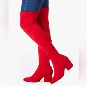 Thigh High Block  Women Pointed Toe Stretch Over The Knee Red  Boots Size 8